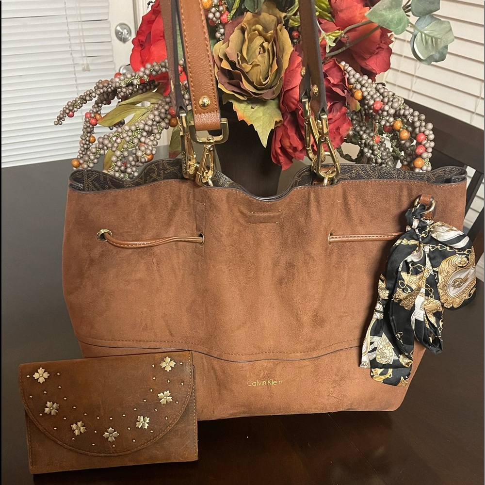 Calvin Klein camel suede tote and matching Patricia Nash wallet